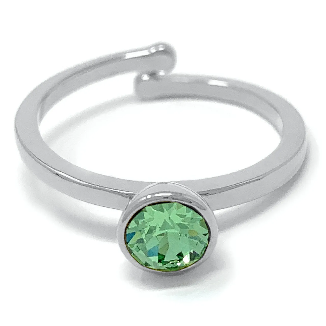 Harley Adjustable Ring with Green Peridot Round Crystals from Swarovski Silver Toned Rhodium Plated