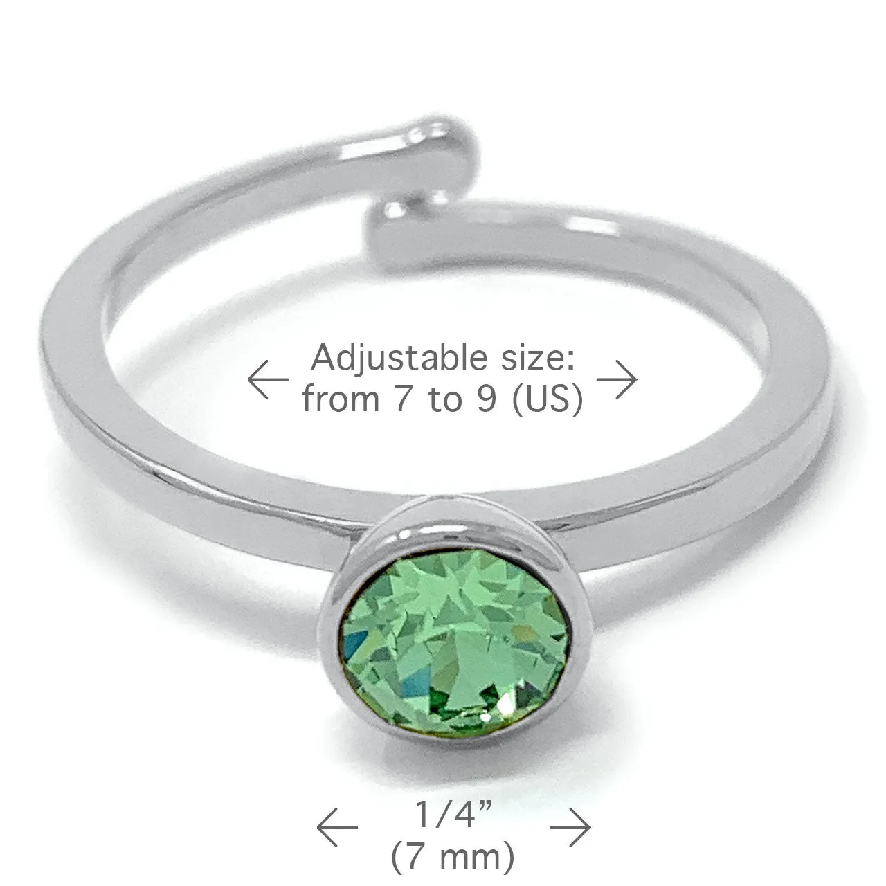 Harley Adjustable Ring with Green Peridot Round Crystals from Swarovski Silver Toned Rhodium Plated