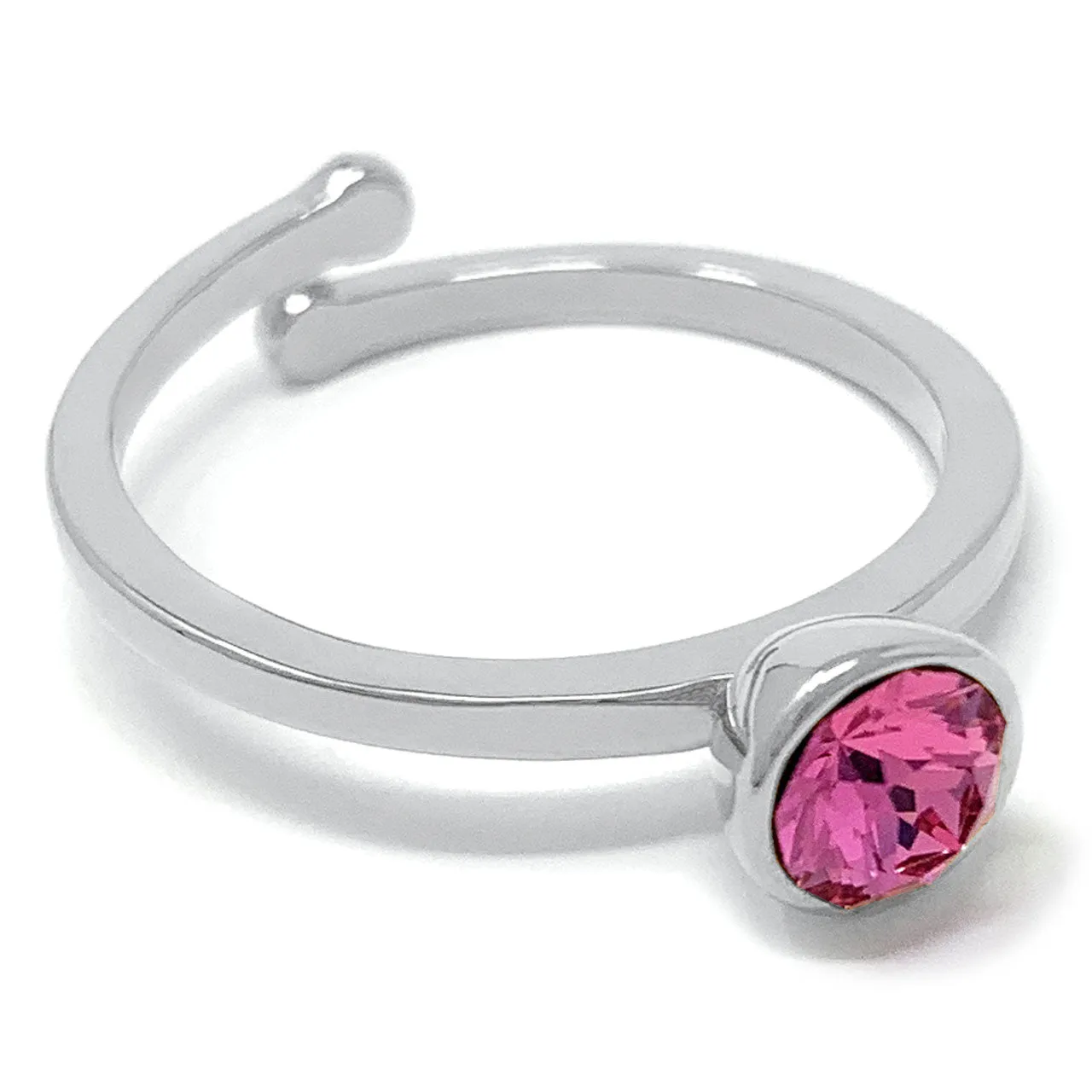 Harley Adjustable Ring with Pink Rose Round Crystals from Swarovski Silver Toned Rhodium Plated