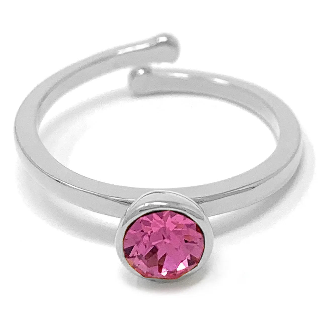 Harley Adjustable Ring with Pink Rose Round Crystals from Swarovski Silver Toned Rhodium Plated
