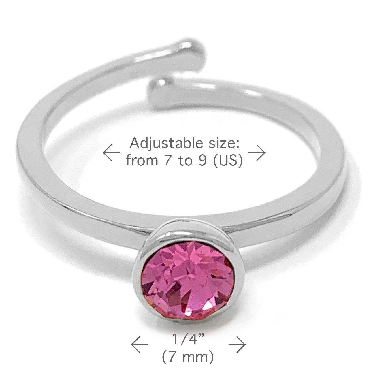 Harley Adjustable Ring with Pink Rose Round Crystals from Swarovski Silver Toned Rhodium Plated