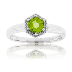 Hexagon Shaped Peridot and Diamond Halo Ring
