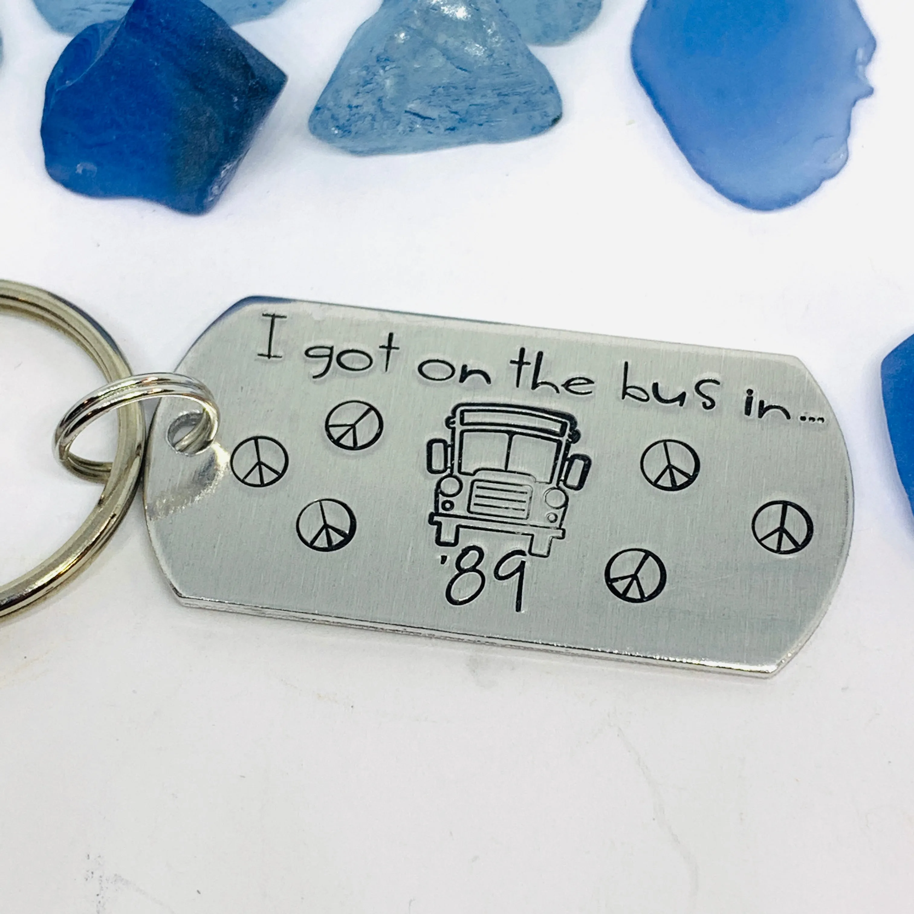 I got on the bus in … (year) Keyring | Hand Stamped Metal Keyring | Grateful Dead Themed Gift for Dead Heads | School Bus |  Groupies Gift Idea |
