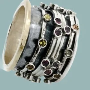 Israeli Spinner Rings Silver Gold and Tourmalines