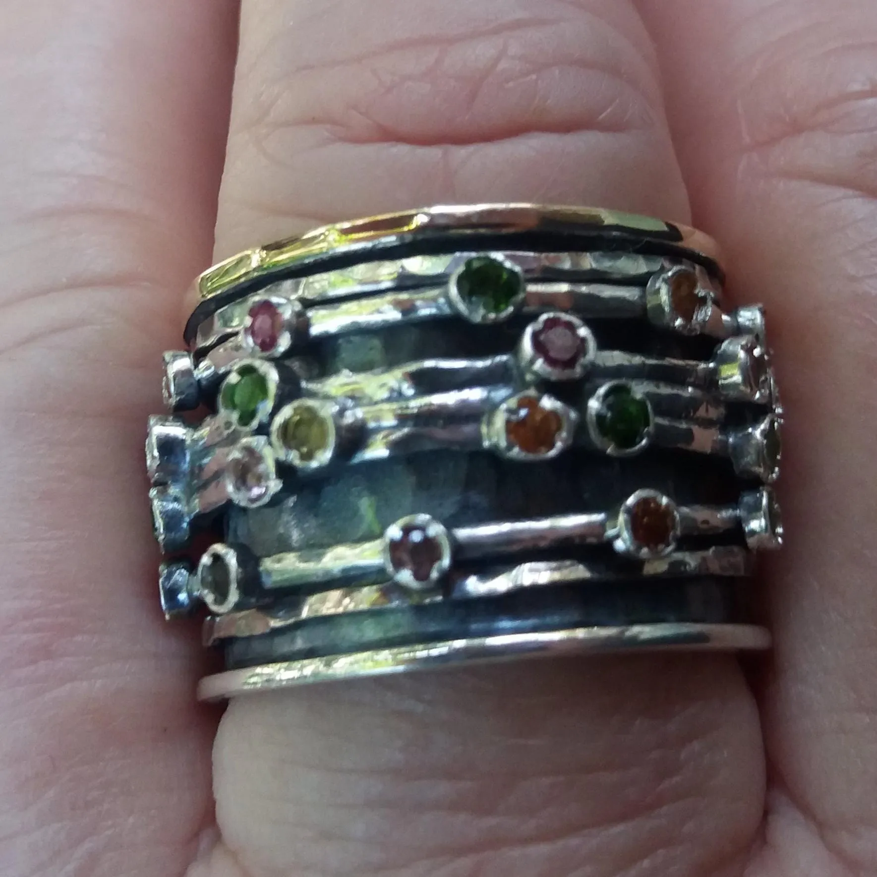 Israeli Spinner Rings Silver Gold and Tourmalines