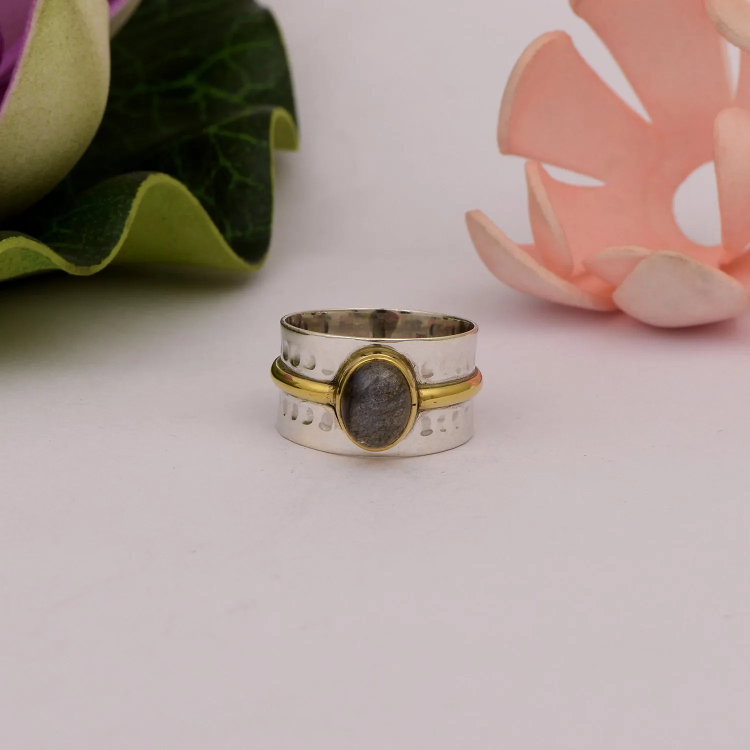 Labradorite Multi Band Engraved Meditation Spinner Ring