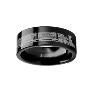 Long Train Railroad Trolly Landscape Ring Engraved Black Tungsten Ring 4mm - 12mm