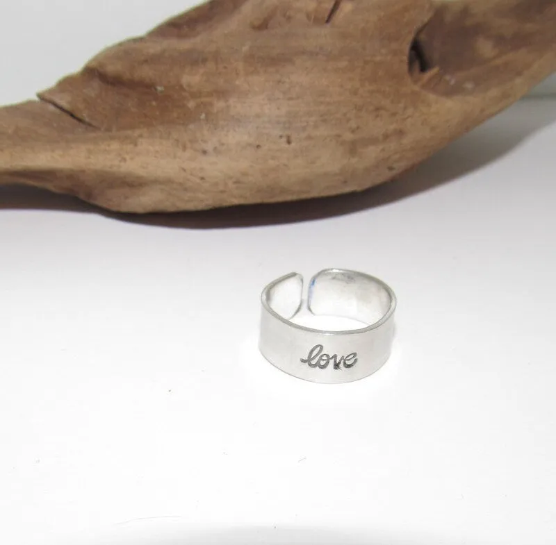 Love Adjustable stamped ring,  love aluminum ring, inspiration rings, adjustable silver ring, stamped jewelry,