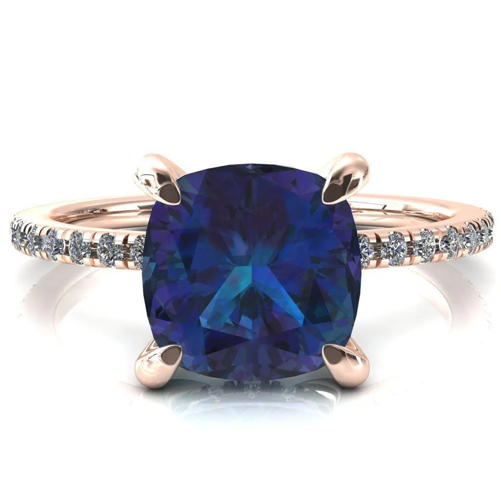Mayeli Cushion Alexandrite 4 Claw Prong Micro Pave Diamond Sides Engagement Ring