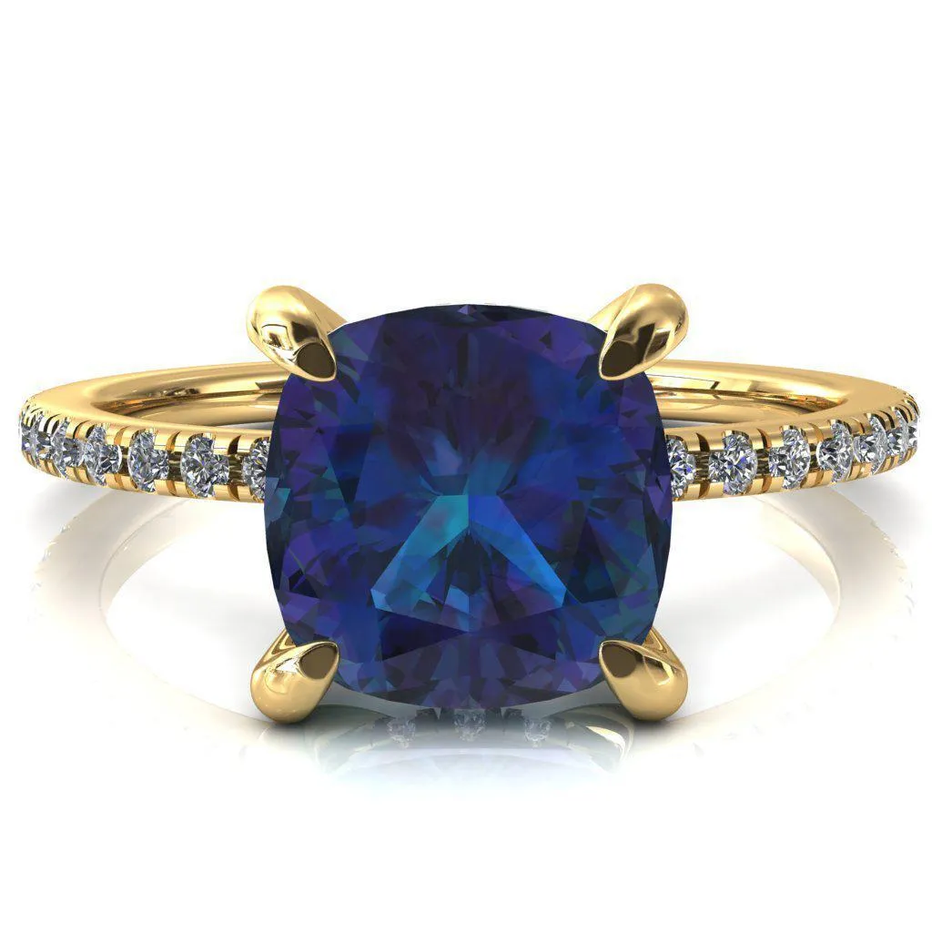 Mayeli Cushion Alexandrite 4 Claw Prong Micro Pave Diamond Sides Engagement Ring