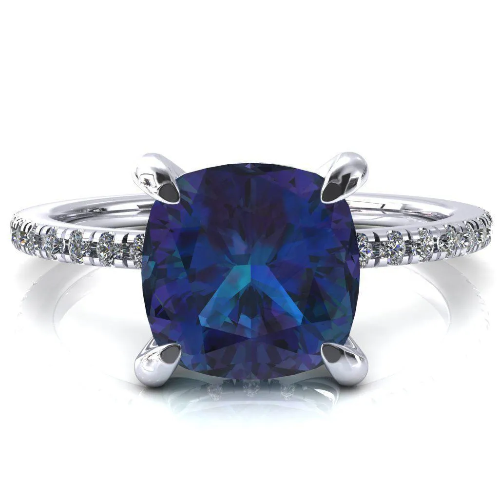 Mayeli Cushion Alexandrite 4 Claw Prong Micro Pave Diamond Sides Engagement Ring
