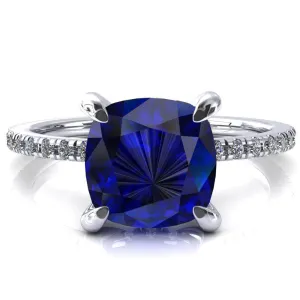 Mayeli Cushion Blue Sapphire 4 Claw Prong Micro Pave Diamond Sides Engagement Ring