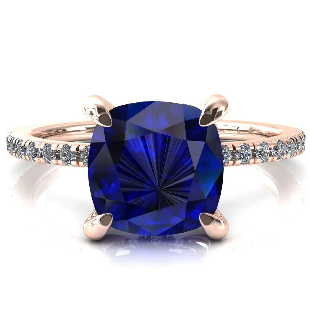 Mayeli Cushion Blue Sapphire 4 Claw Prong Micro Pave Diamond Sides Engagement Ring