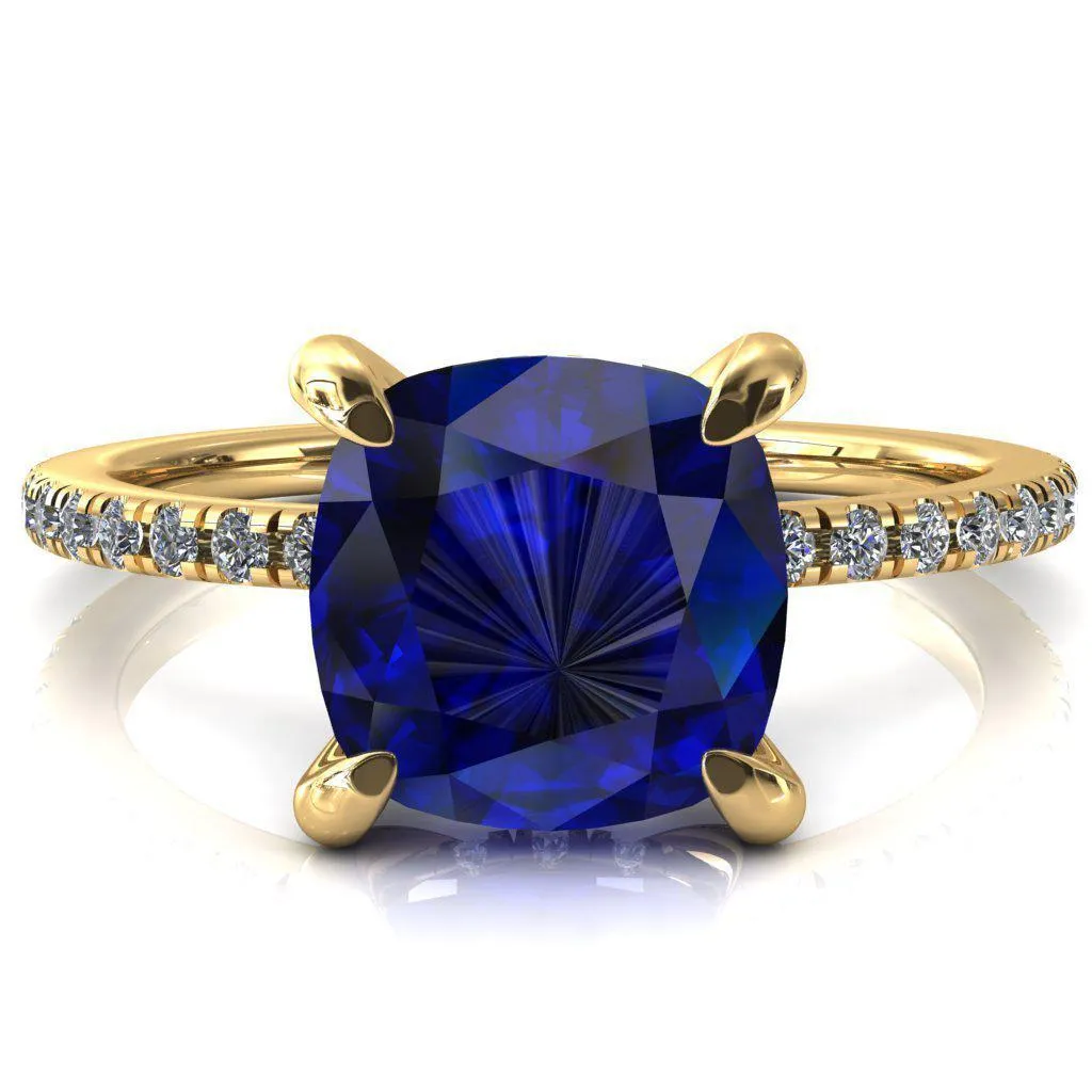 Mayeli Cushion Blue Sapphire 4 Claw Prong Micro Pave Diamond Sides Engagement Ring