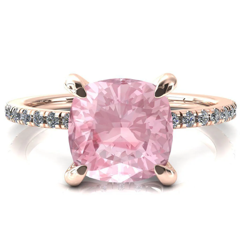 Mayeli Cushion Pink Sapphire 4 Claw Prong Micro Pave Diamond Sides Engagement Ring