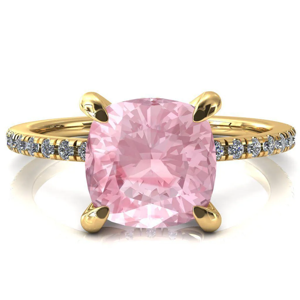 Mayeli Cushion Pink Sapphire 4 Claw Prong Micro Pave Diamond Sides Engagement Ring
