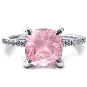 Mayeli Cushion Pink Sapphire 4 Claw Prong Micro Pave Diamond Sides Engagement Ring