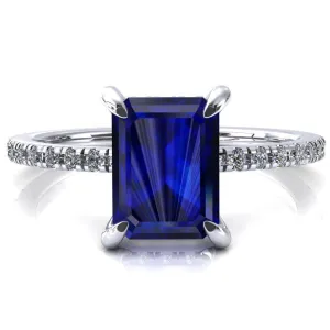 Mayeli Emerald Blue Sapphire 4 Claw Prong Micro Pave Diamond Sides Engagement Ring