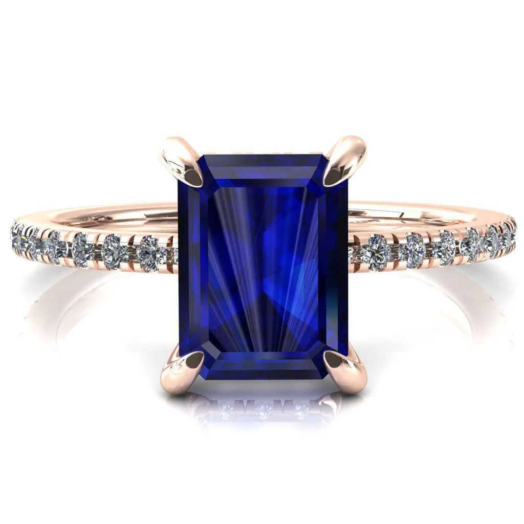 Mayeli Emerald Blue Sapphire 4 Claw Prong Micro Pave Diamond Sides Engagement Ring