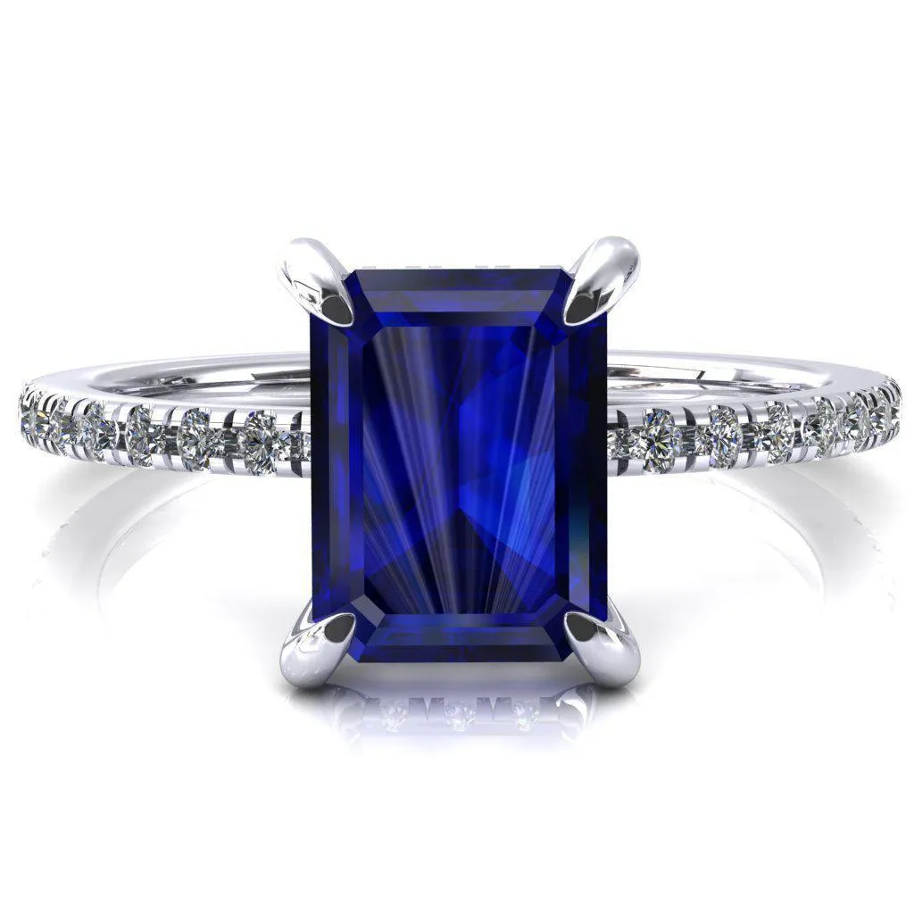 Mayeli Emerald Blue Sapphire 4 Claw Prong Micro Pave Diamond Sides Engagement Ring