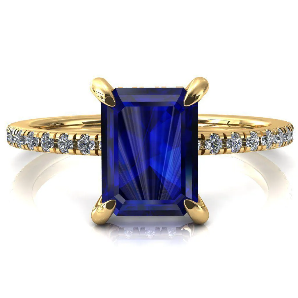 Mayeli Emerald Blue Sapphire 4 Claw Prong Micro Pave Diamond Sides Engagement Ring