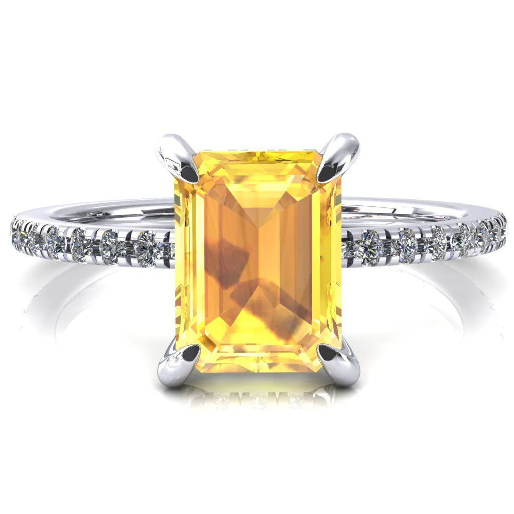 Mayeli Emerald Yellow Sapphire 4 Claw Prong Micro Pave Diamond Sides Engagement Ring