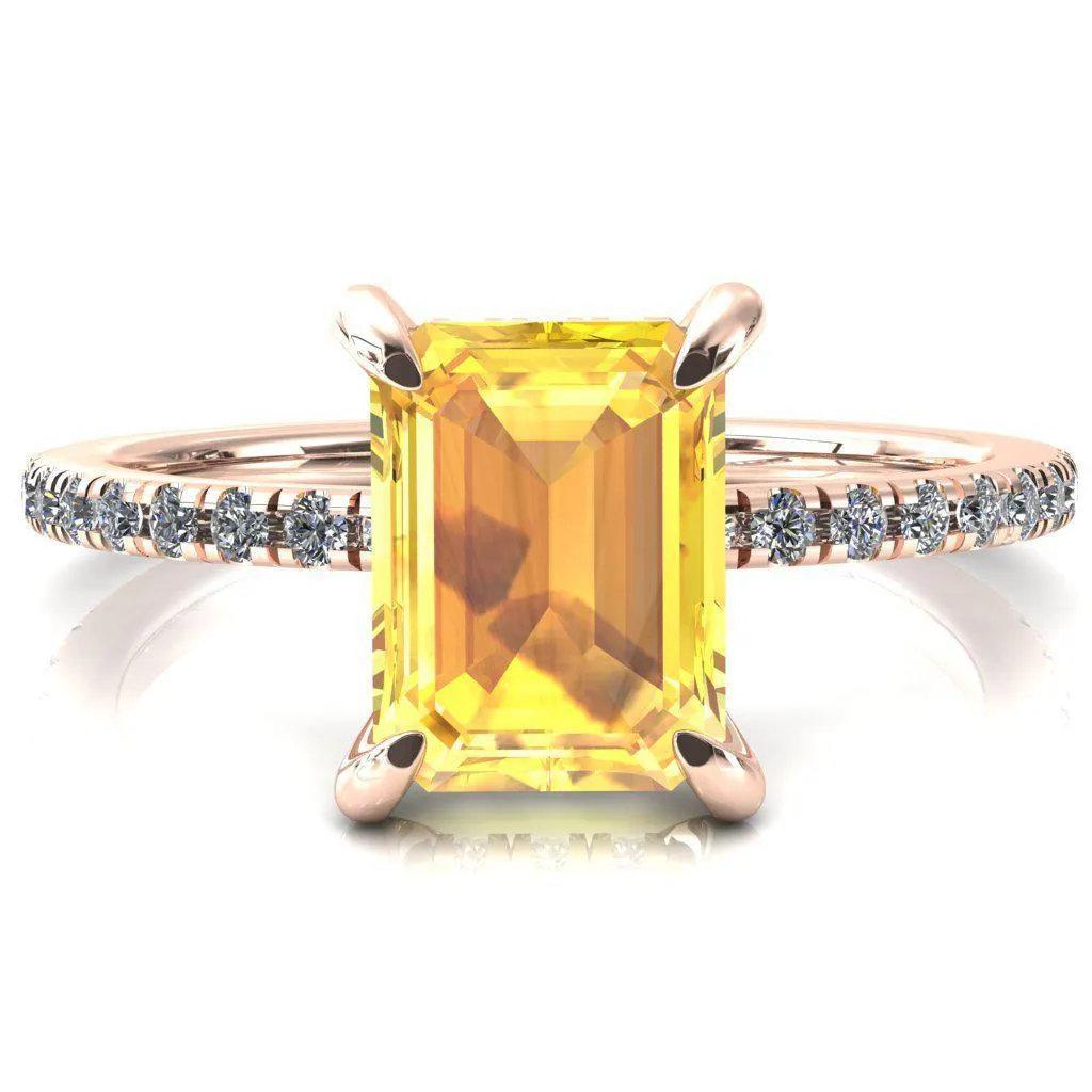 Mayeli Emerald Yellow Sapphire 4 Claw Prong Micro Pave Diamond Sides Engagement Ring