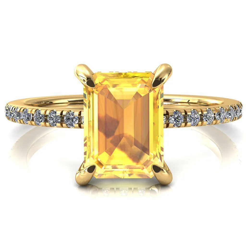 Mayeli Emerald Yellow Sapphire 4 Claw Prong Micro Pave Diamond Sides Engagement Ring