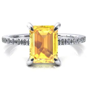 Mayeli Emerald Yellow Sapphire 4 Claw Prong Micro Pave Diamond Sides Engagement Ring