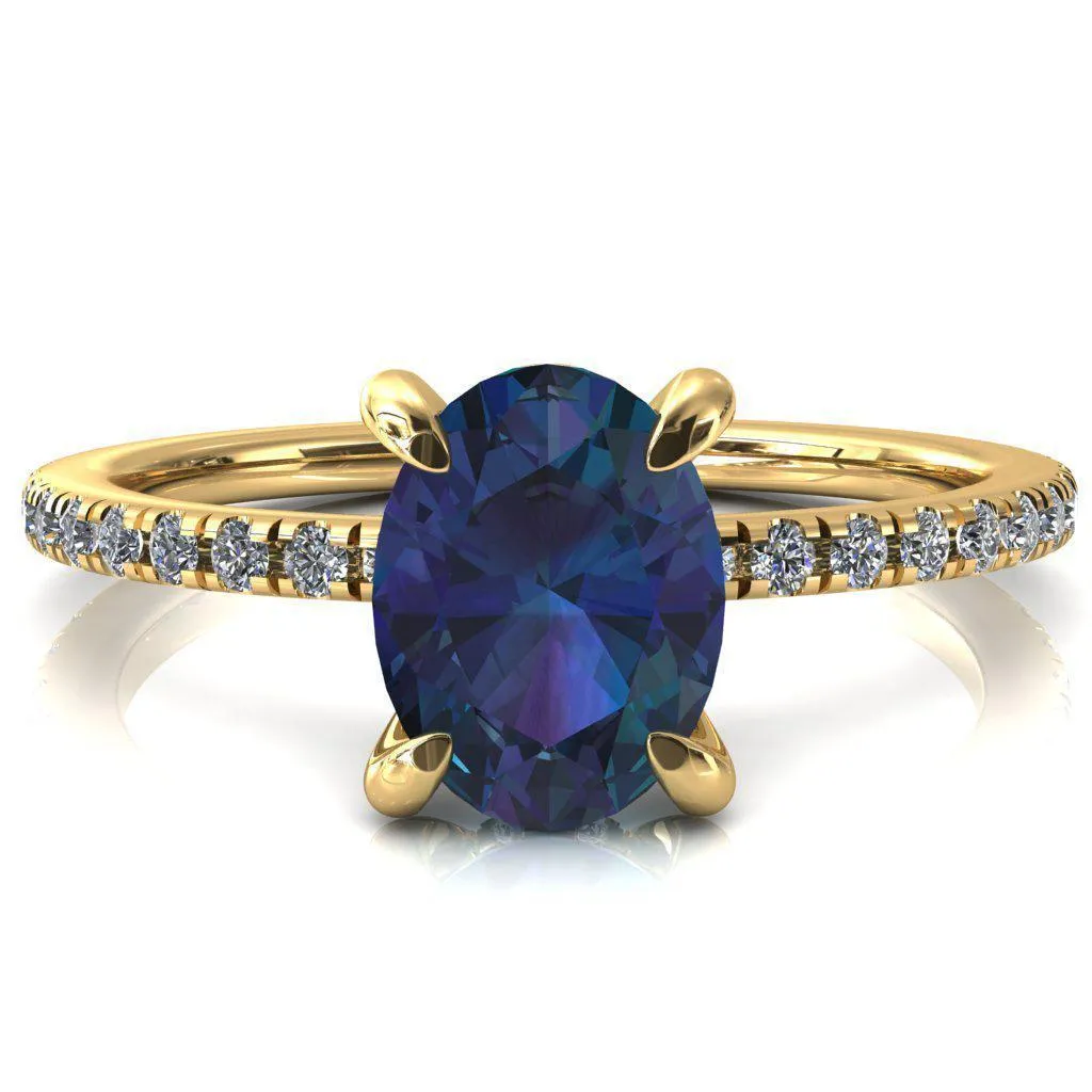 Mayeli Oval Alexandrite 4 Claw Prong Micro Pave Diamond Sides Engagement Ring