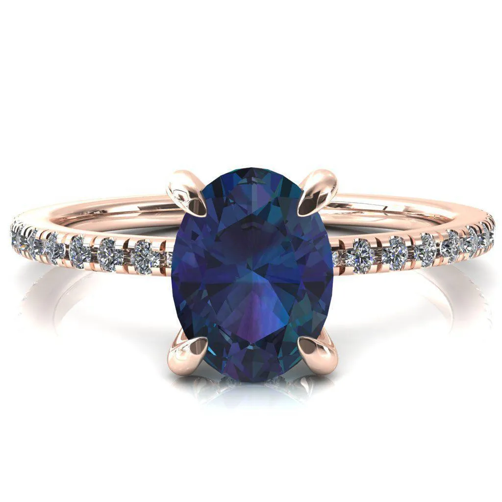 Mayeli Oval Alexandrite 4 Claw Prong Micro Pave Diamond Sides Engagement Ring