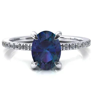 Mayeli Oval Alexandrite 4 Claw Prong Micro Pave Diamond Sides Engagement Ring