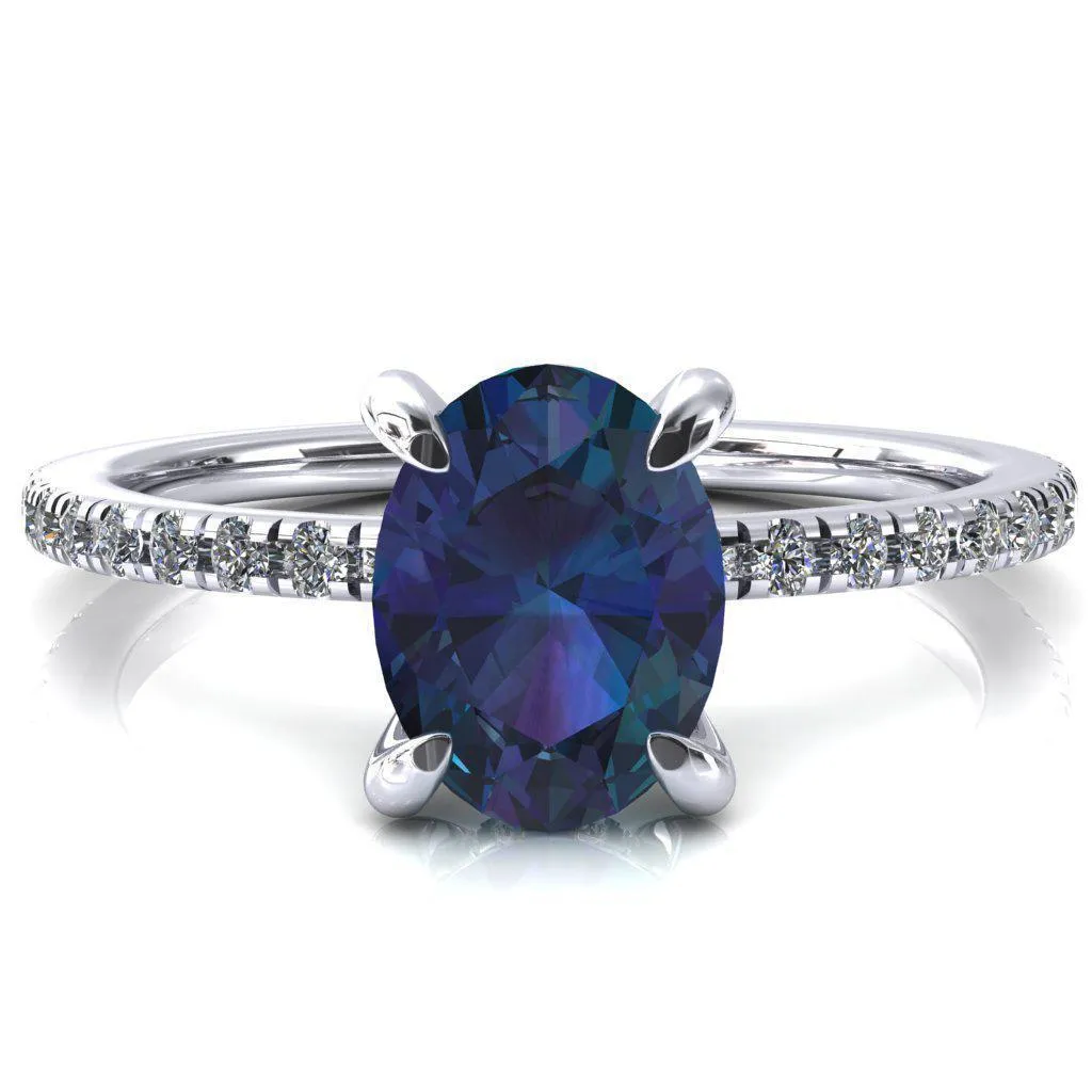 Mayeli Oval Alexandrite 4 Claw Prong Micro Pave Diamond Sides Engagement Ring