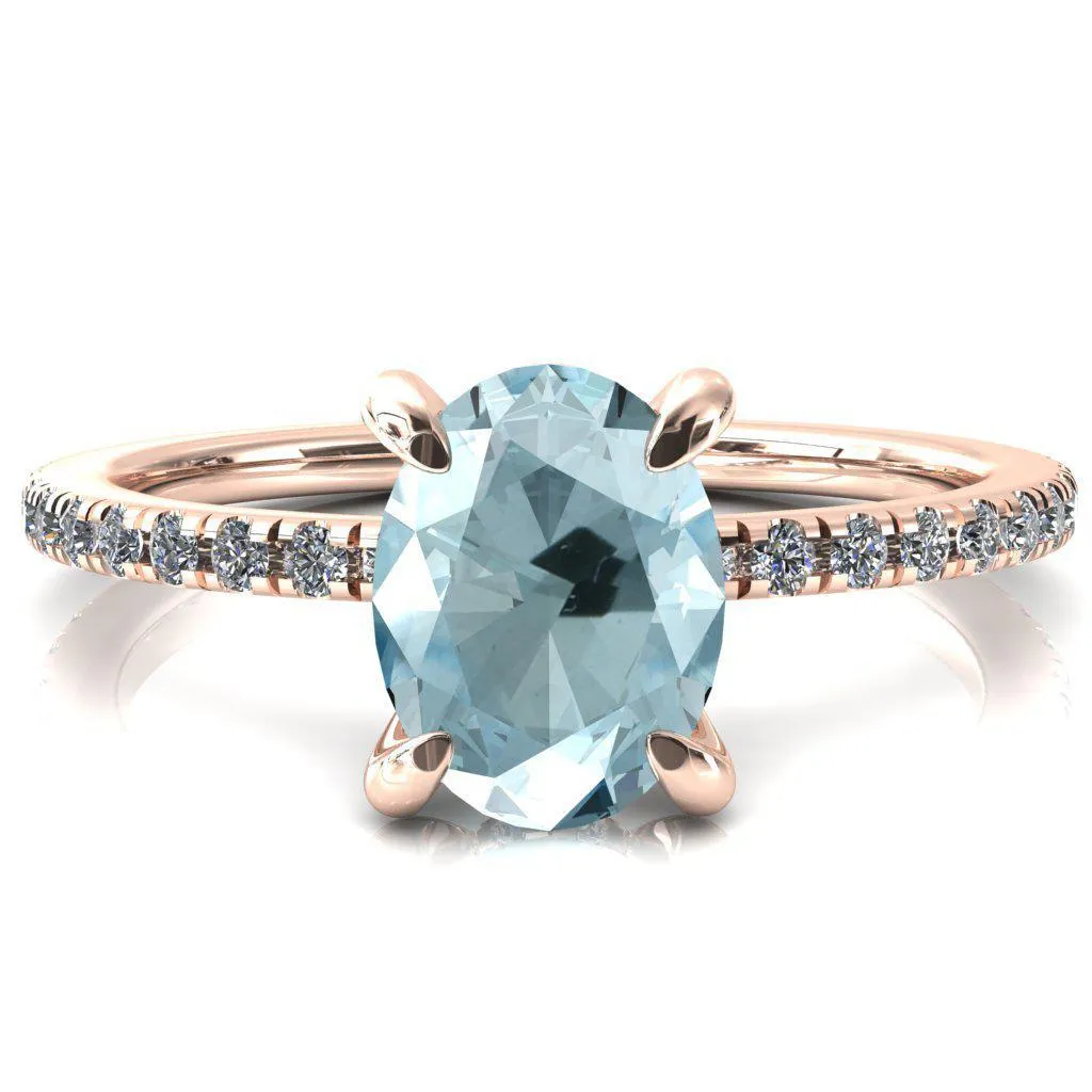 Mayeli Oval Aqua Blue Spinel 4 Claw Prong Micro Pave Diamond Sides Engagement Ring