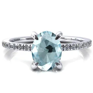 Mayeli Oval Aqua Blue Spinel 4 Claw Prong Micro Pave Diamond Sides Engagement Ring