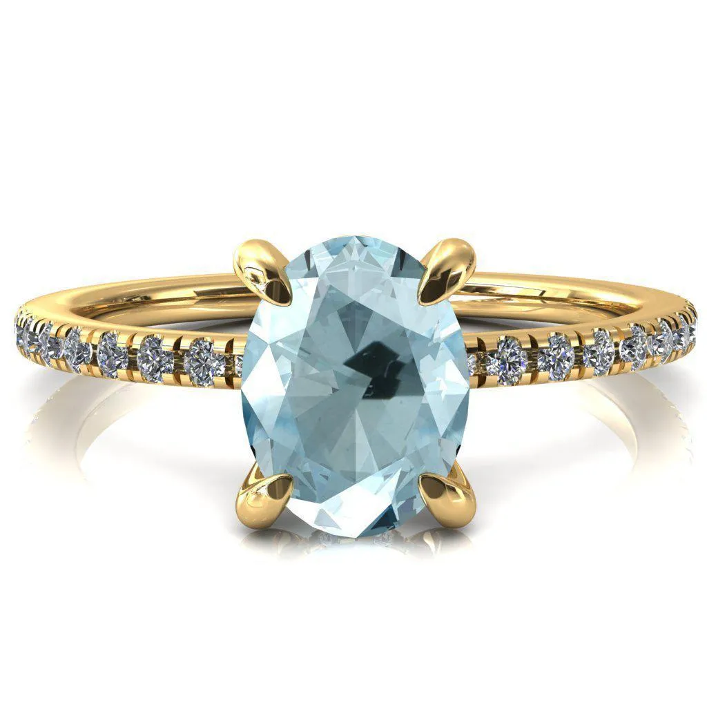 Mayeli Oval Aqua Blue Spinel 4 Claw Prong Micro Pave Diamond Sides Engagement Ring