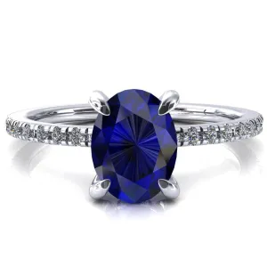 Mayeli Oval Blue Sapphire 4 Claw Prong Micro Pave Diamond Sides Engagement Ring