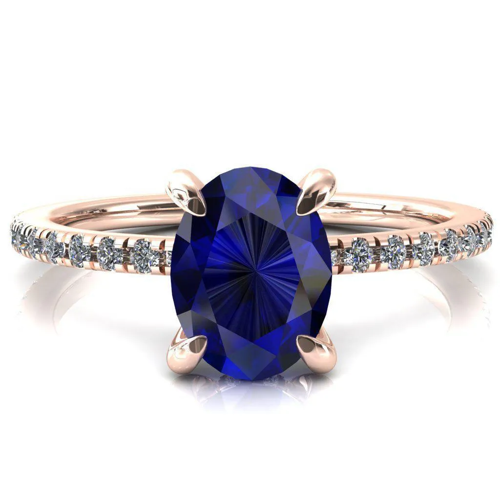 Mayeli Oval Blue Sapphire 4 Claw Prong Micro Pave Diamond Sides Engagement Ring