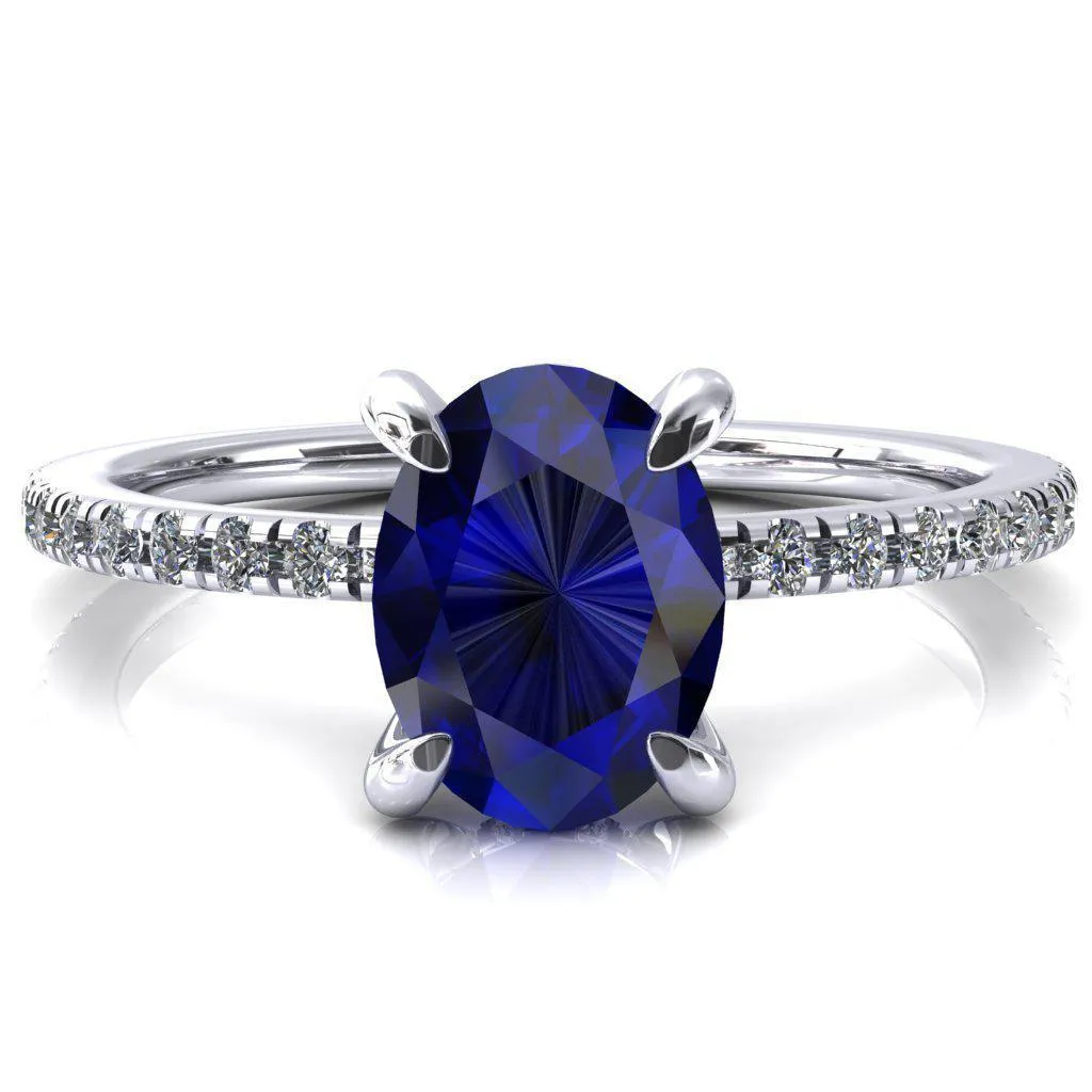 Mayeli Oval Blue Sapphire 4 Claw Prong Micro Pave Diamond Sides Engagement Ring