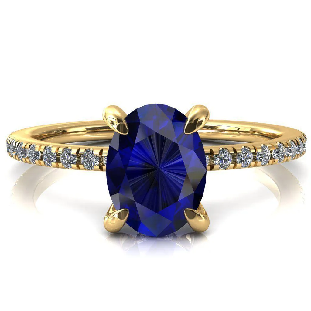 Mayeli Oval Blue Sapphire 4 Claw Prong Micro Pave Diamond Sides Engagement Ring