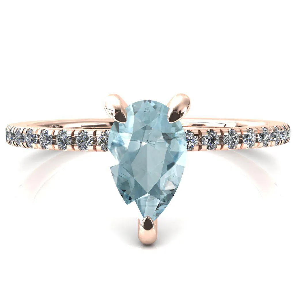 Mayeli Pear Aqua Blue Spinel 3 Claw Prong Micro Pave Diamond Sides Engagement Ring