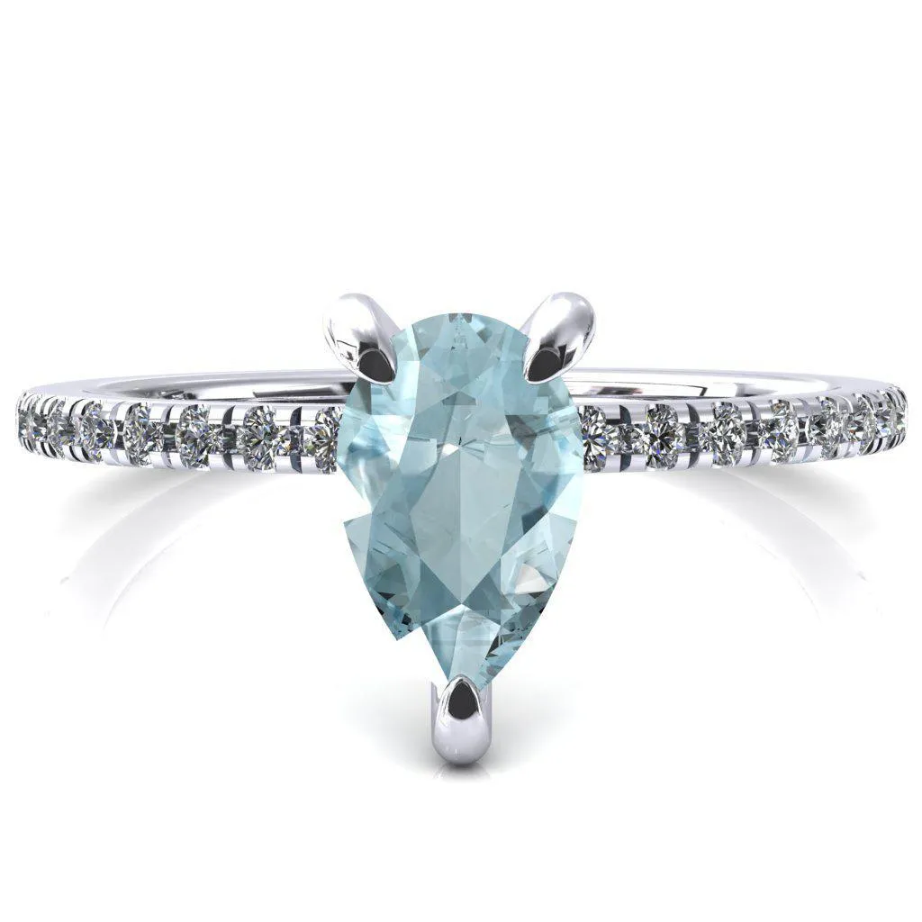 Mayeli Pear Aqua Blue Spinel 3 Claw Prong Micro Pave Diamond Sides Engagement Ring