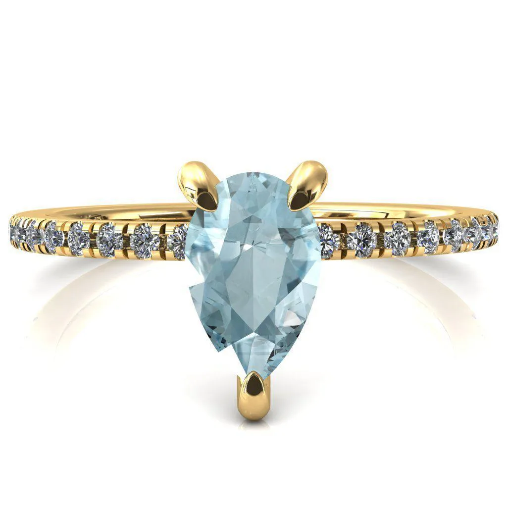 Mayeli Pear Aqua Blue Spinel 3 Claw Prong Micro Pave Diamond Sides Engagement Ring
