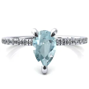 Mayeli Pear Aqua Blue Spinel 3 Claw Prong Micro Pave Diamond Sides Engagement Ring