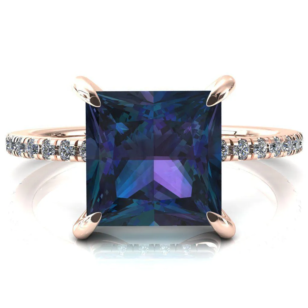 Mayeli Princess Alexandrite 4 Claw Prong Micro Pave Diamond Sides Engagement Ring
