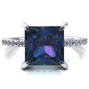 Mayeli Princess Alexandrite 4 Claw Prong Micro Pave Diamond Sides Engagement Ring