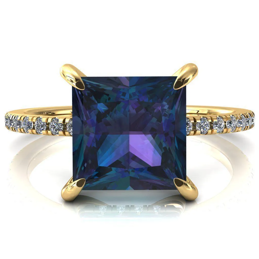 Mayeli Princess Alexandrite 4 Claw Prong Micro Pave Diamond Sides Engagement Ring