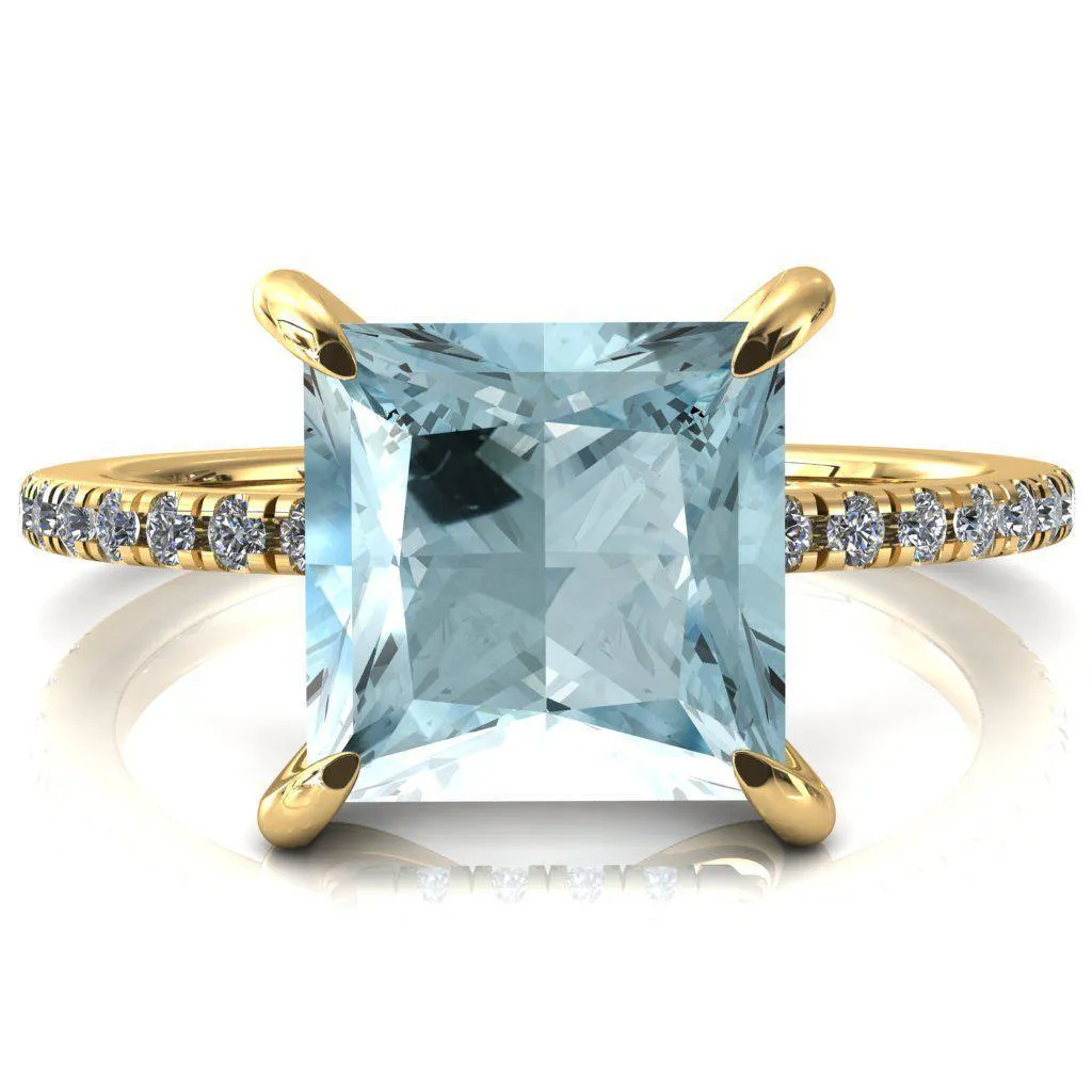 Mayeli Princess Aqua Blue Spinel 4 Claw Prong Micro Pave Diamond Sides Engagement Ring