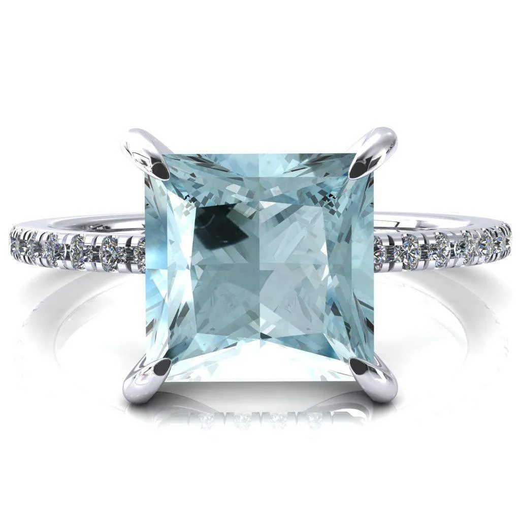 Mayeli Princess Aqua Blue Spinel 4 Claw Prong Micro Pave Diamond Sides Engagement Ring