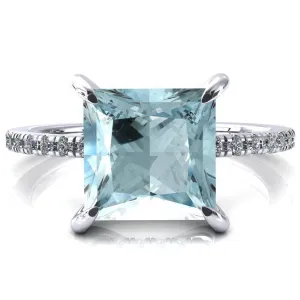 Mayeli Princess Aqua Blue Spinel 4 Claw Prong Micro Pave Diamond Sides Engagement Ring